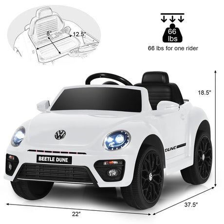 Licensed Volkswagen Beetle 12V Ride On Car for Kids with Music & Remote Control - White