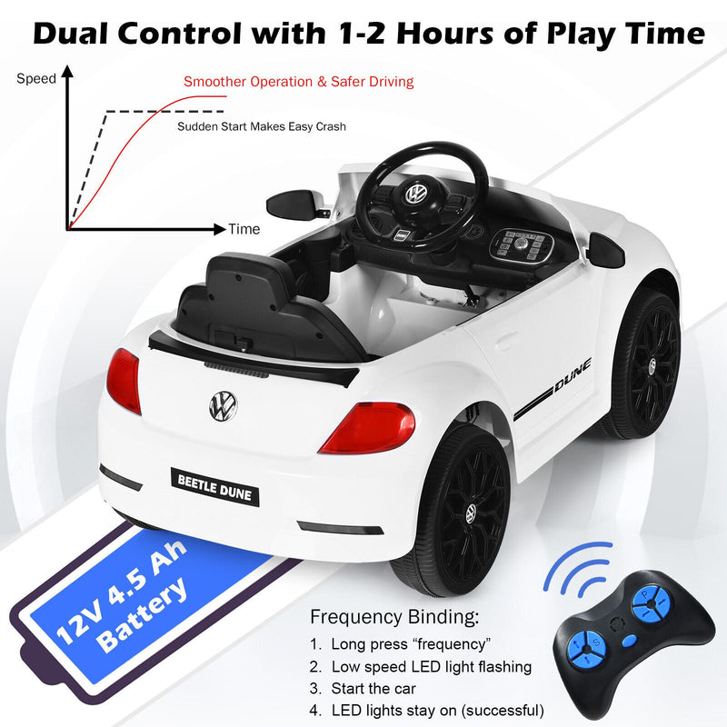 Licensed Volkswagen Beetle 12V Ride On Car for Kids with Music & Remote Control - White