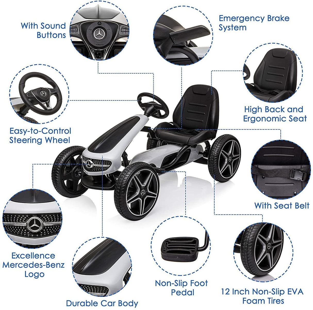 LUCKYERMORE Kids Pedal Go Kart Benz Racer Quad with Adjustable Seat for Outdoor Fun