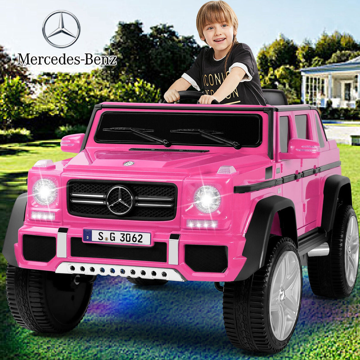 Mercedes-Benz G Wagon 12V Electric Kids Pink Ride On Car with LED Lights, Music, and Remote Control - Pink