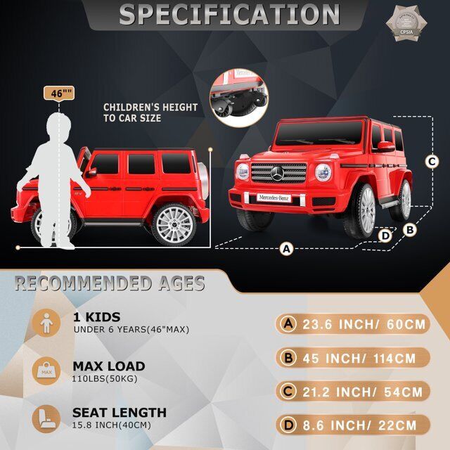 Mercedes-Benz G500 12V Electric Ride-On Car for Kids - Officially Licensed Motorized Toy