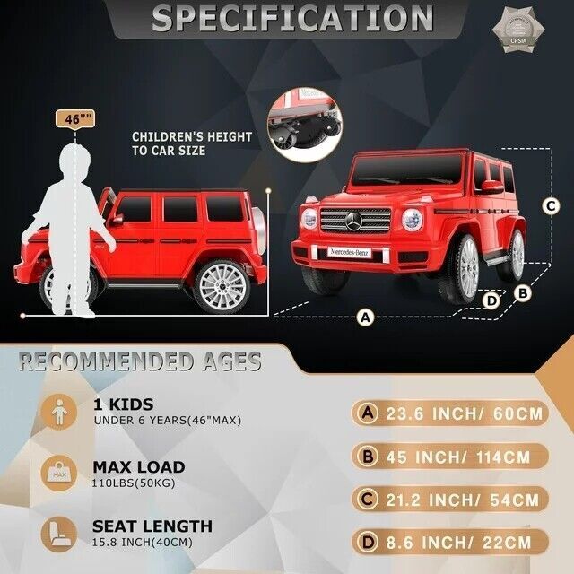 Mercedes-Benz G500 4WD Kids Ride-On Car with Remote Control - Officially Licensed 12V Model