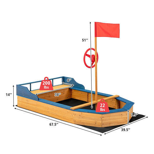 Natural Pirate Boat Sandbox for Kids with Flag and Rudder