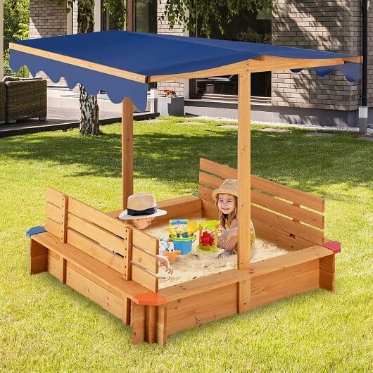 Natural Wooden Sandbox with Canopy and 2 Bench Seats for Kids