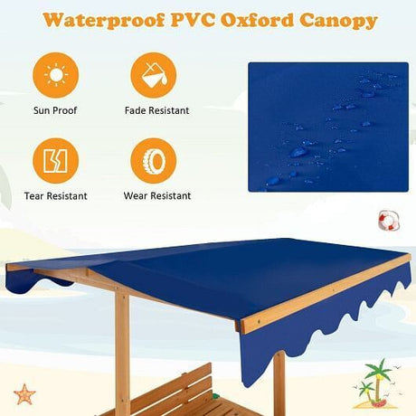 Natural Wooden Sandbox with Canopy and 2 Bench Seats for Kids
