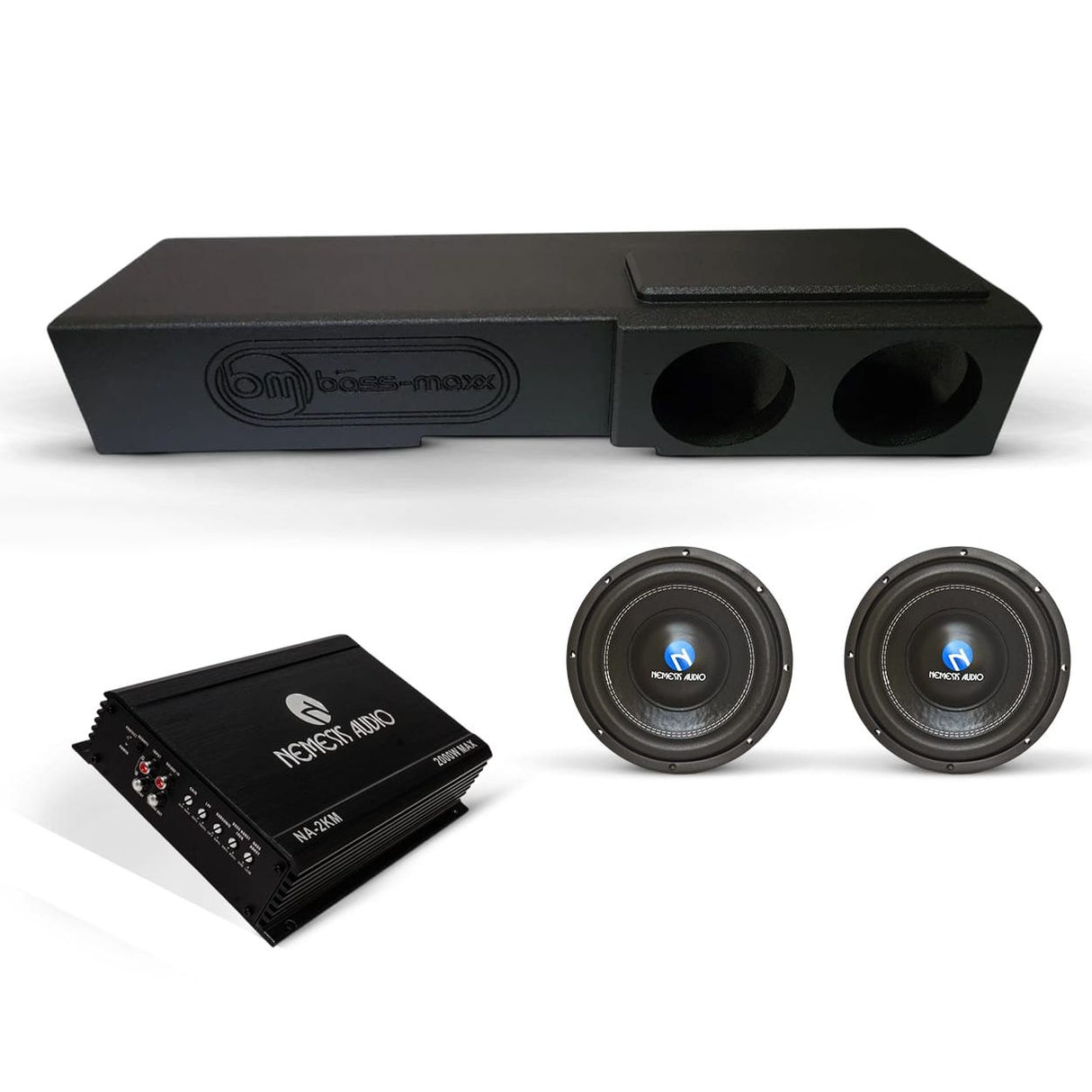Nemesis Audio Bass Combo (2) NA8E v2 (1) NA-2KM & (1) Box Chevy 07-18 Crew Cab Box Nemesis Audio