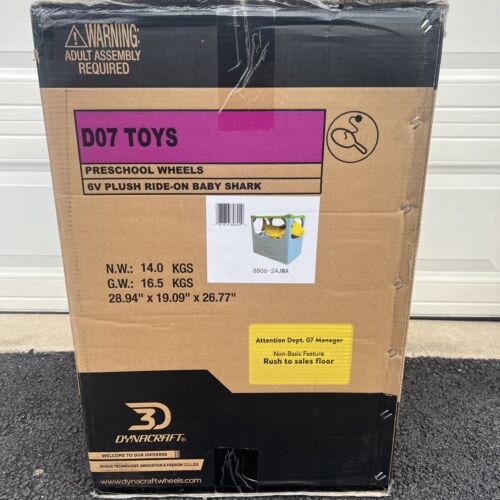 New 3D Dynacraft 6V Baby Shark Plush Ride-on for Ages 2-4 in Yellow