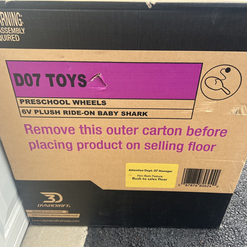 New 3D Dynacraft 6V Baby Shark Plush Ride-on for Ages 2-4 in Yellow