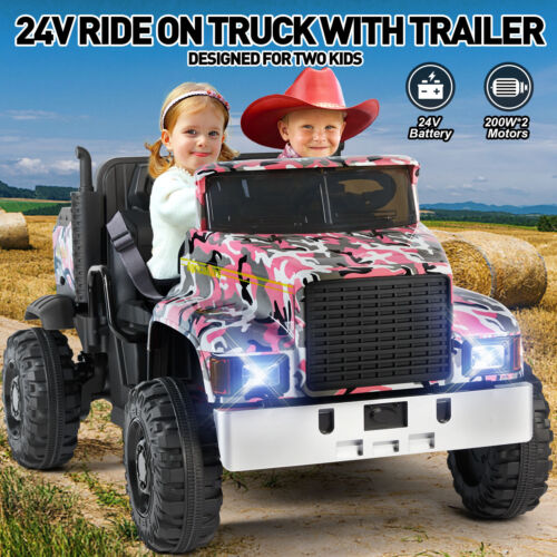 New Pink Camo 24V Battery Kids Ride On Truck with Trailer and Remote Control