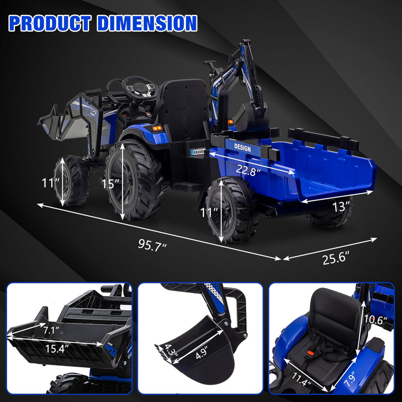 Outdoor Excavator and Bulldozer Ride-On Toy with Trailer and LED Lights for Kids