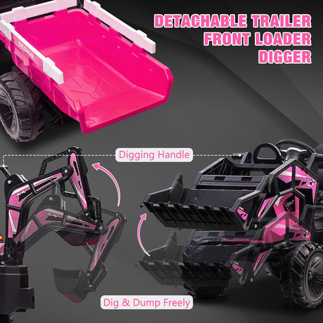 Outdoor Excavator and Bulldozer Ride-On Toy with Trailer and LED Lights for Kids
