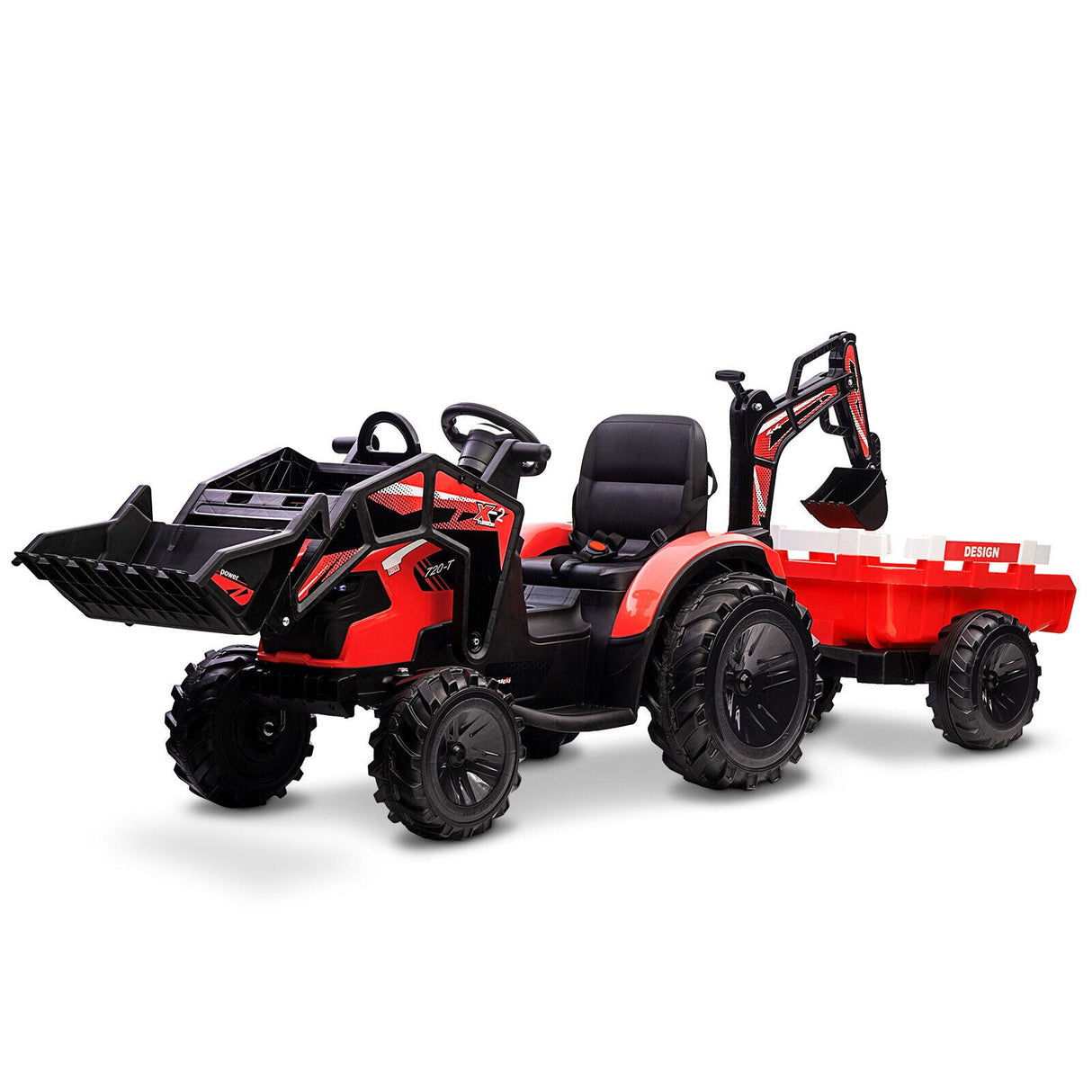 Outdoor Excavator and Bulldozer Ride-On Toy with Trailer and LED Lights for Kids