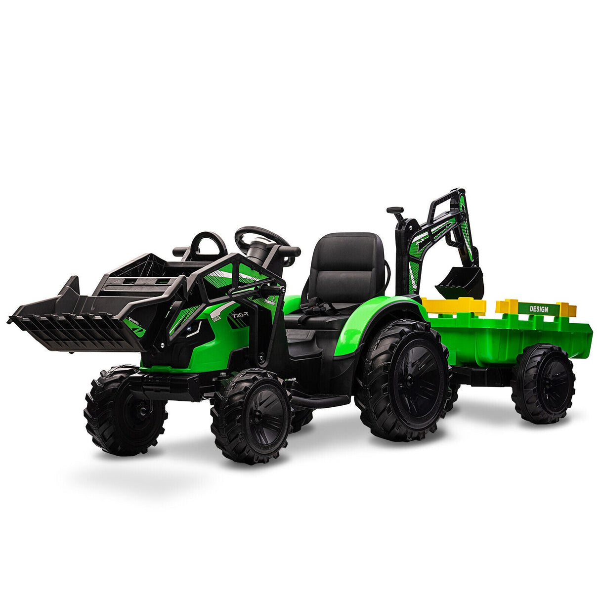 Outdoor Excavator and Bulldozer Ride-On Toy with Trailer and LED Lights for Kids