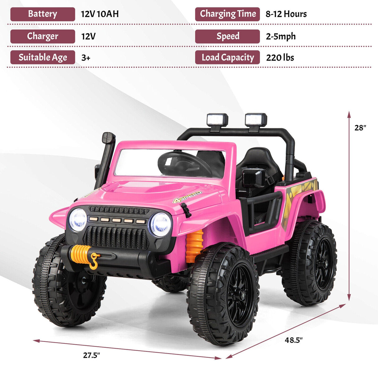 Parent-Child Ride On Truck Car with Remote Control, LED Lights, and Music - Pink (12V 10AH)