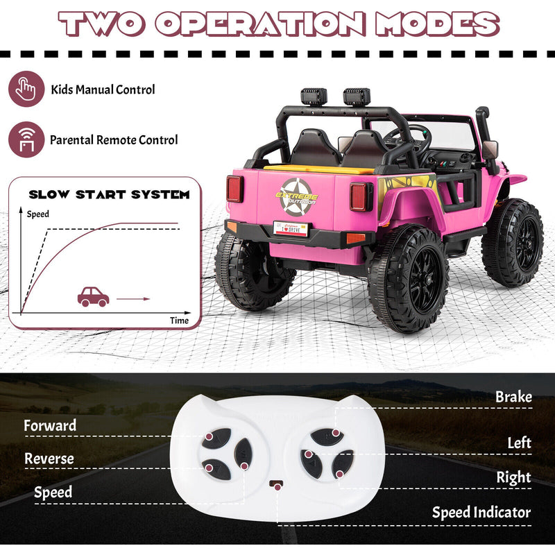 Parent-Child Ride On Truck Car with Remote Control, LED Lights, and Music - Pink (12V 10AH)