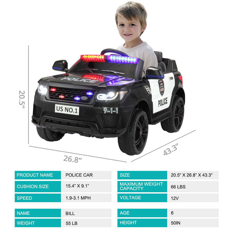Police Car Electric Ride-On SUV for Kids with Remote Control - 12V Battery Powered Truck Toy