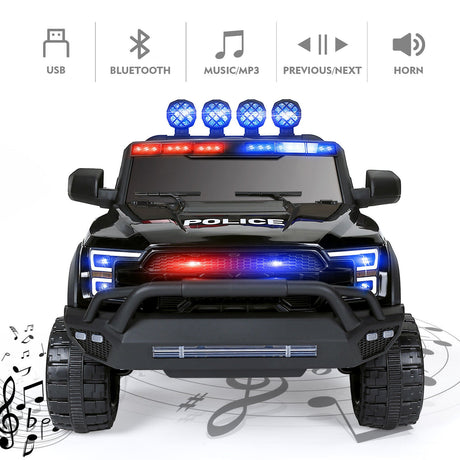 12V Electric Police Pickup Truck for Kids with Megaphone, Siren, and Flashing Lights - Remote Control Included