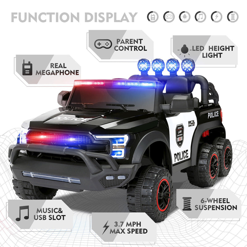 Police Car Truck for Kids with 12V Battery, 6 Wheels, LED Lights, Intercom, Siren, and Remote Control