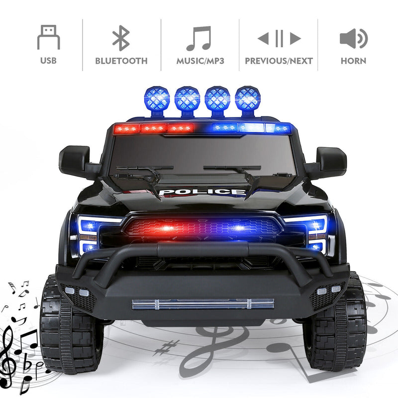 Police Car Truck for Kids with 12V Battery, 6 Wheels, LED Lights, Intercom, Siren, and Remote Control