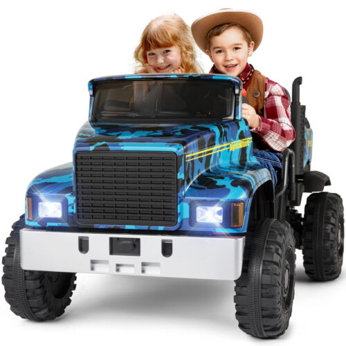 Powerful 24V 2-Seater Kids Ride On Dump Truck Tractor with Camo Design and 3 Speed Options, Includes Remote Control