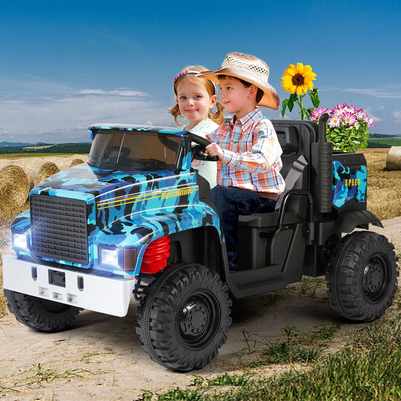 Powerful 24V 2-Seater Kids Ride On Dump Truck Tractor with Camo Design and 3 Speed Options, Includes Remote Control