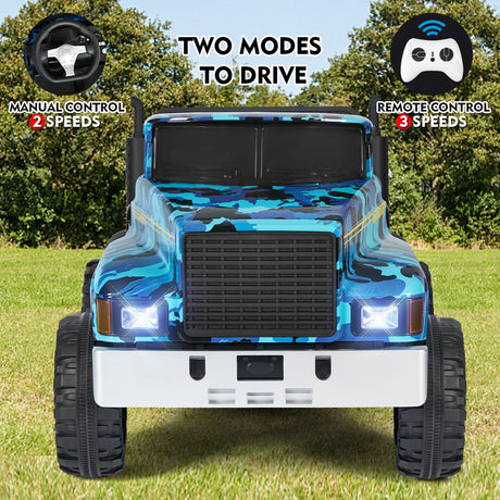 Powerful 24V 2-Seater Kids Ride On Dump Truck Tractor with Camo Design and 3 Speed Options, Includes Remote Control