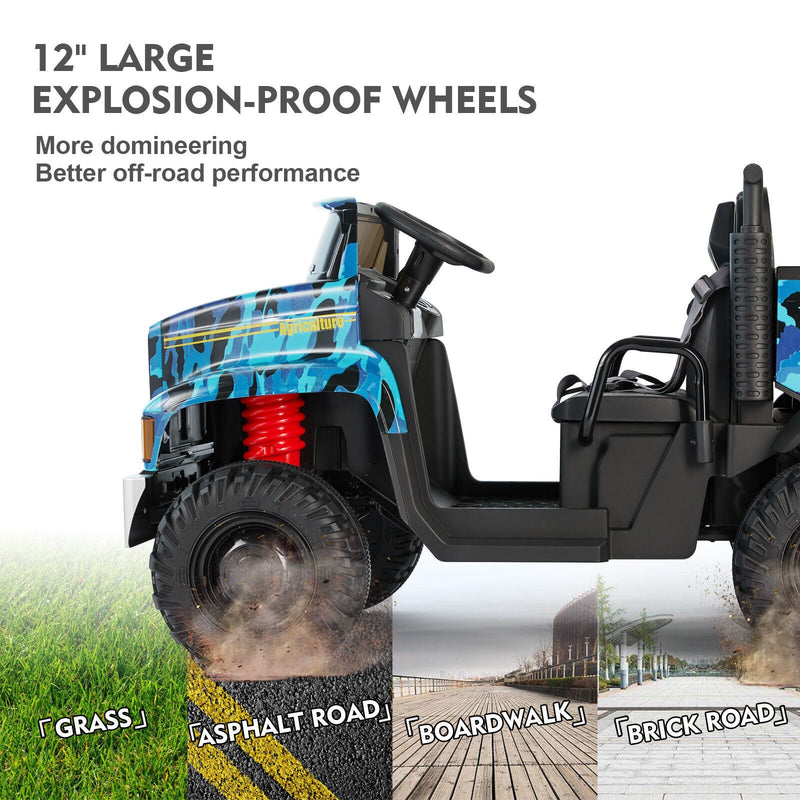 Powerful 24V 2-Seater Kids Ride On Dump Truck Tractor with Camo Design and 3 Speed Options, Includes Remote Control