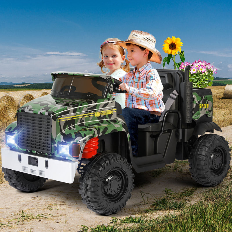 Ride in Style with the 24V Battery-Powered Camo Truck Tractor for Kids, Featuring Bluetooth RC and Trailer