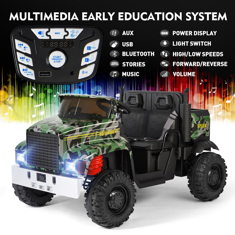 Ride in Style with the 24V Battery-Powered Camo Truck Tractor for Kids, Featuring Bluetooth RC and Trailer