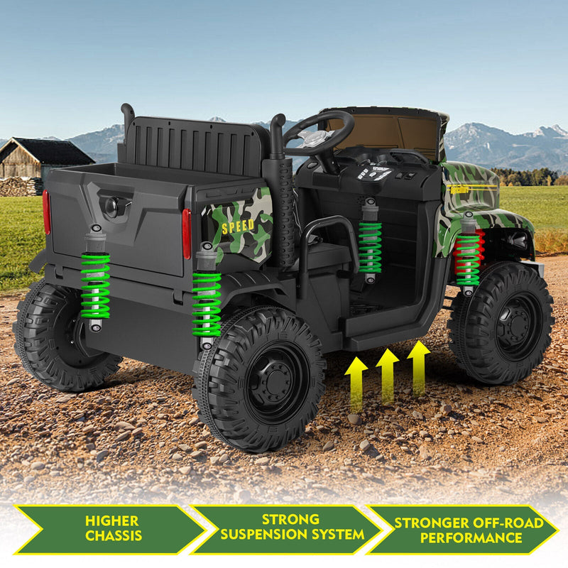 Ride in Style with the 24V Battery-Powered Camo Truck Tractor for Kids, Featuring Bluetooth RC and Trailer