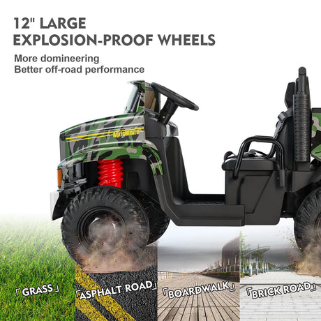 Ride in Style with the 24V Battery-Powered Camo Truck Tractor for Kids, Featuring Bluetooth RC and Trailer