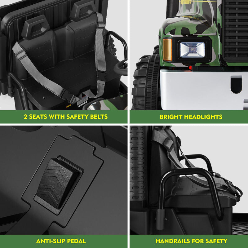 Ride in Style with the 24V Battery-Powered Camo Truck Tractor for Kids, Featuring Bluetooth RC and Trailer