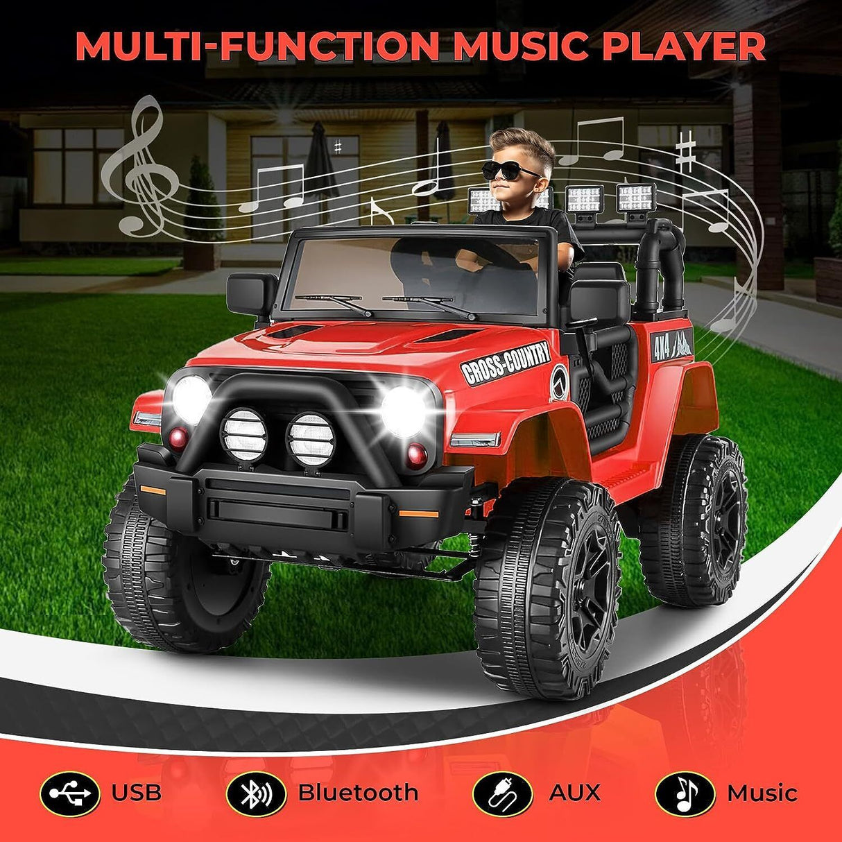 Premium 12V Electric Ride-On Jeep for Kids with Remote Control, LED Lights, AUX & USB, and 3 Speed Options