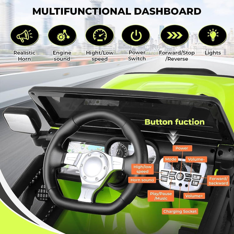 Premium 12V Electric Ride-On Jeep for Kids with Remote Control, LED Lights, AUX & USB, and 3 Speed Options
