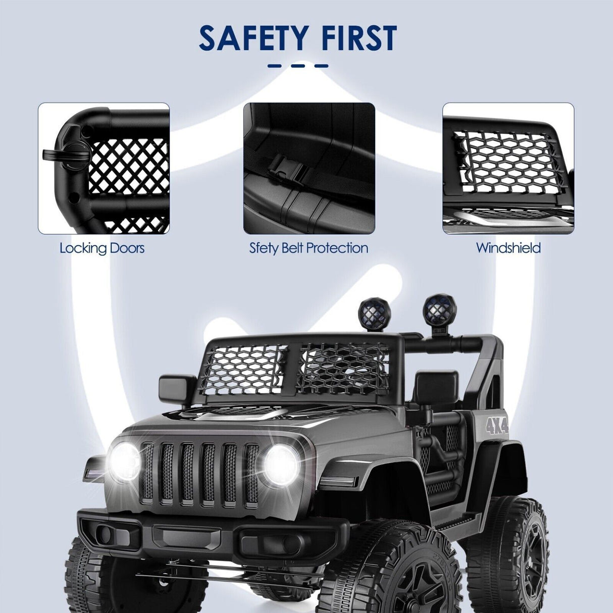 12V Kids Electric Jeep with Remote Control, 3 Speeds, LED Lights, and MP3 Player