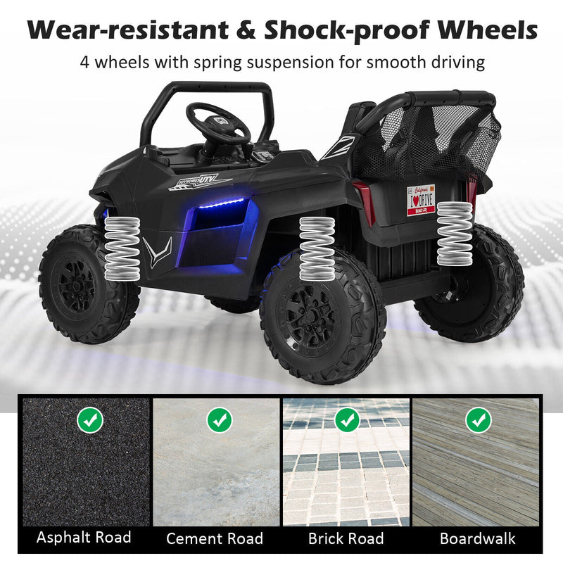 Premium 12V Ride-On Truck with Safety Belts and Lockable Doors - Supports up to 130 LBS in Black