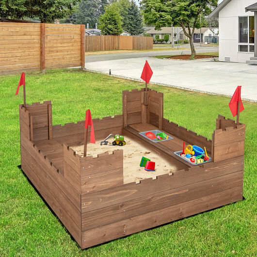 Premium Wooden Sandbox for Kids with Protective Liner and Fun Red Flags