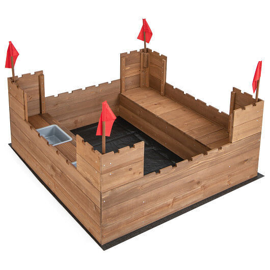 Premium Wooden Sandbox for Kids with Protective Liner and Fun Red Flags