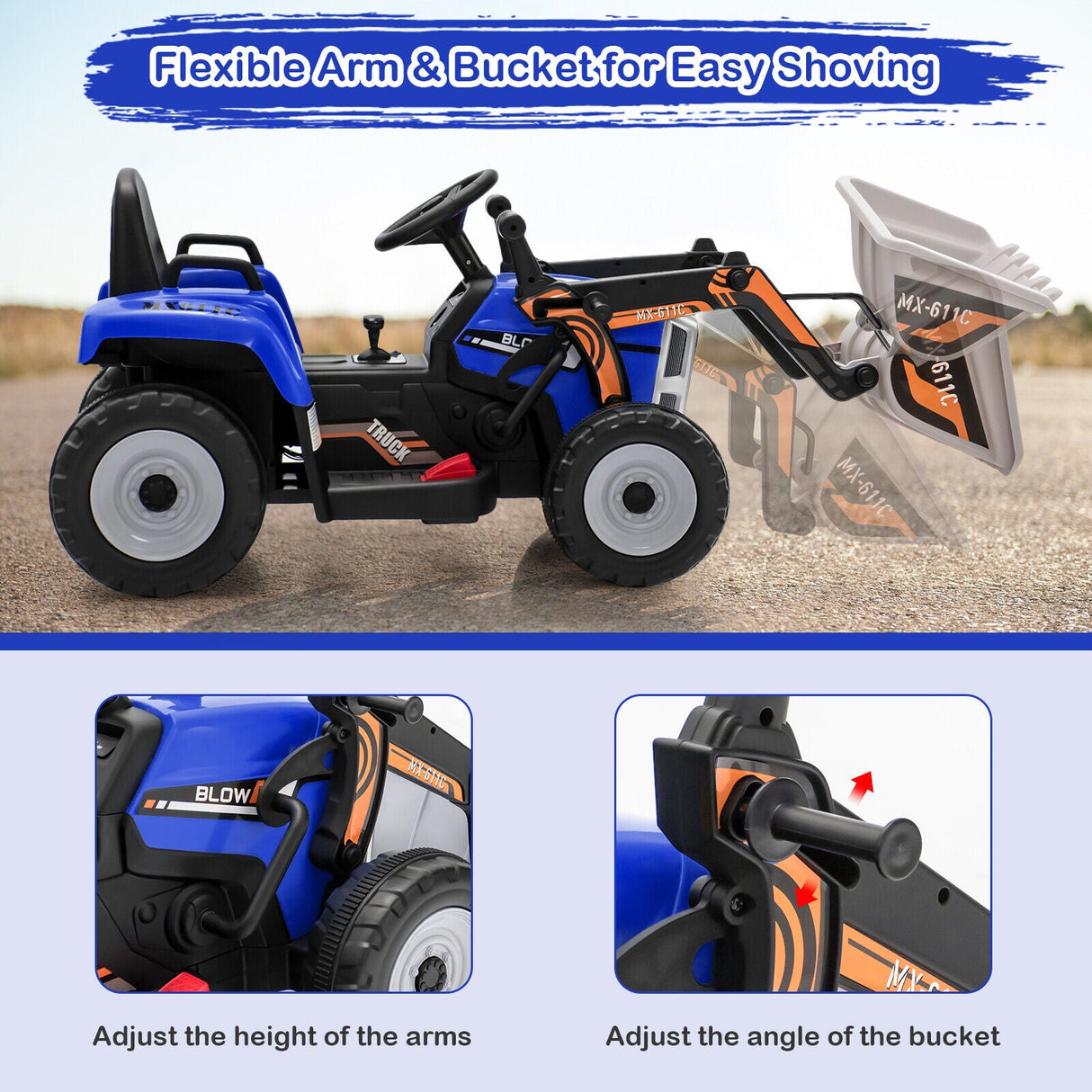 RC Electric Excavator Ride-On Toy Tractor for Kids with 2.4GHz Remote Control - 12V