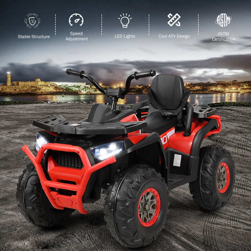 Red 12V Electric ATV Quad for Kids with 2 Speeds, MP3 Player, and LED Lights