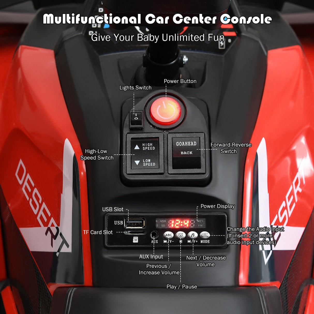 Red 12V Electric ATV Quad for Kids with 2 Speeds, MP3 Player, and LED Lights