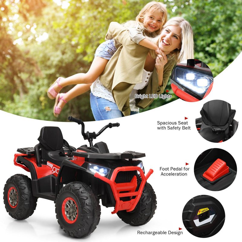 Red 12V Electric ATV Quad for Kids with 2 Speeds, MP3 Player, and LED Lights