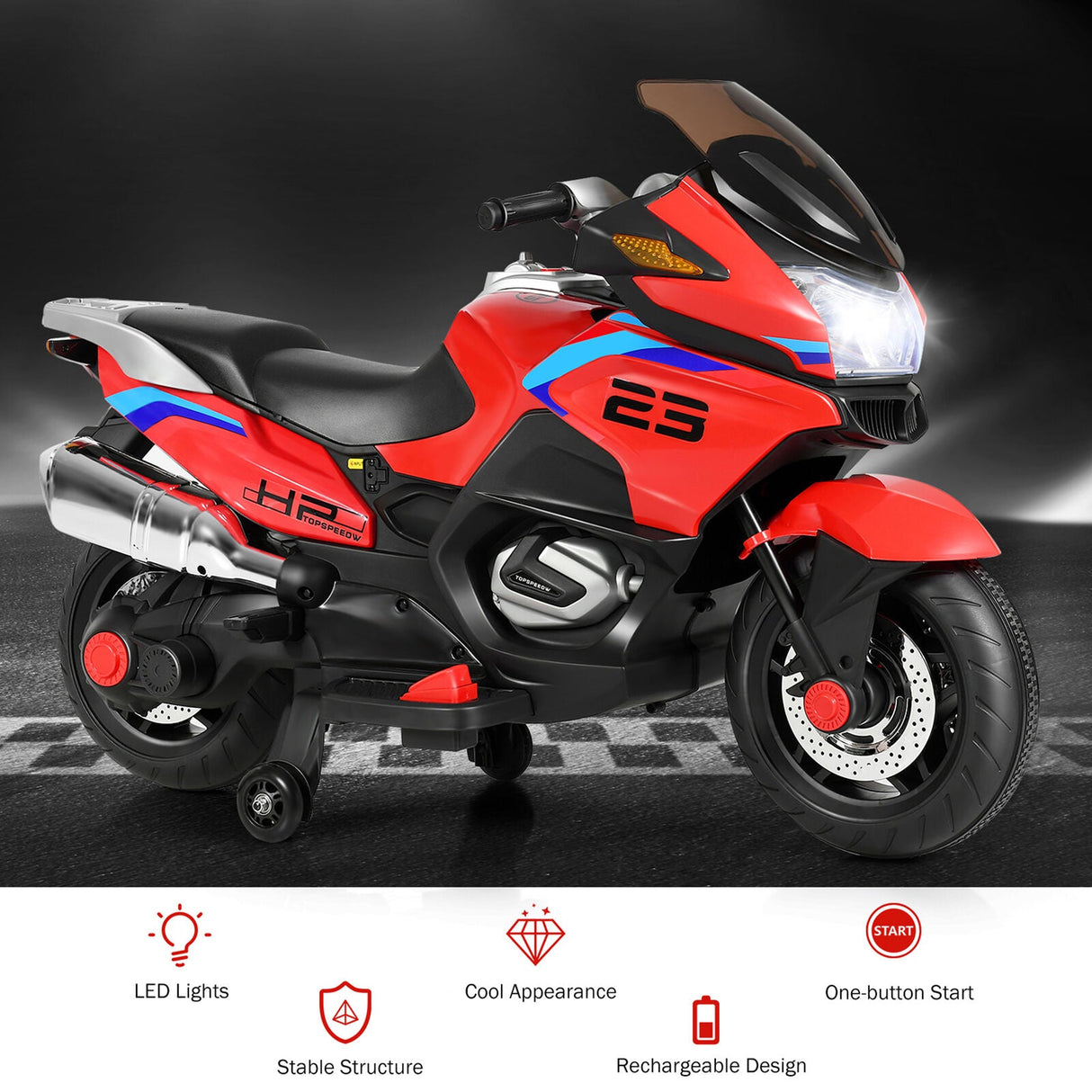 Red 12V Electric Kids Ride On Motorcycle with Training Wheels