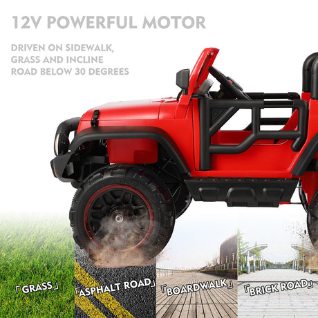 Red 12V Electric Ride-On Car with RC, LED Lights, USB, MP3, and Cover for Kids