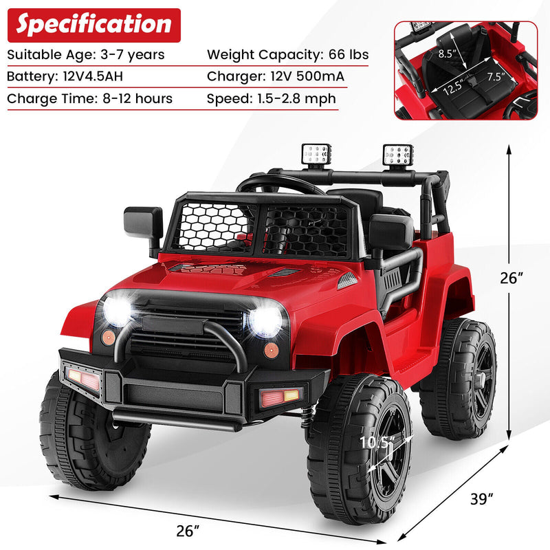 Red 12V Electric Ride-On Truck for Kids with Remote Control, Lights, and Music