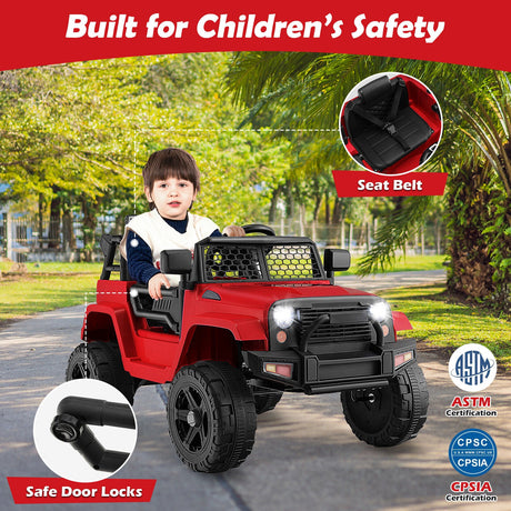 Red 12V Electric Ride-On Truck for Kids with Remote Control, Lights, and Music