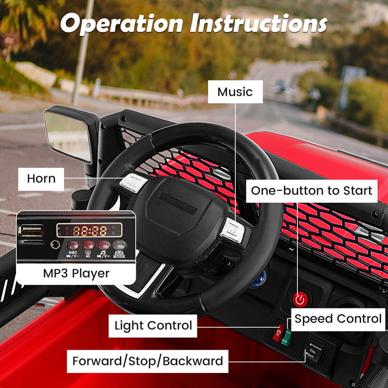 Red 12V Electric Ride-On Truck for Kids with Remote Control, Lights, and Music