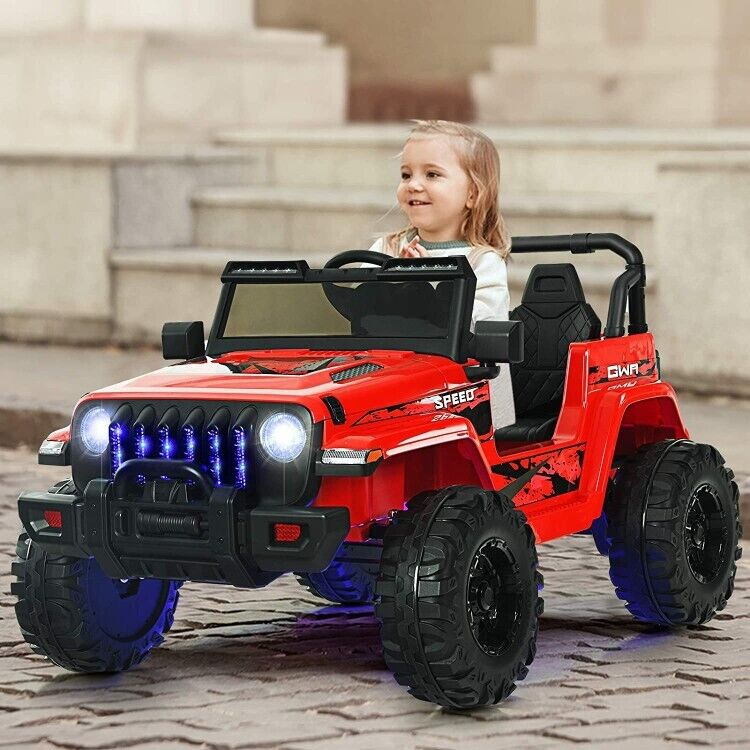 Red 12V Electric Ride-On Truck with Remote Control and LED Lights for Kids
