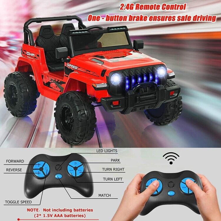 Red 12V Electric Ride-On Truck with Remote Control and LED Lights for Kids