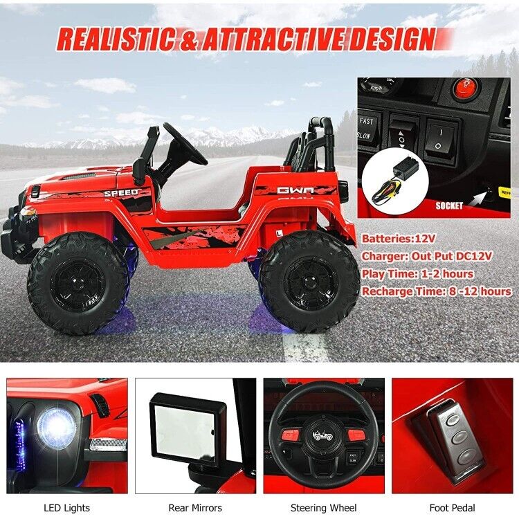 Red 12V Electric Ride-On Truck with Remote Control and LED Lights for Kids